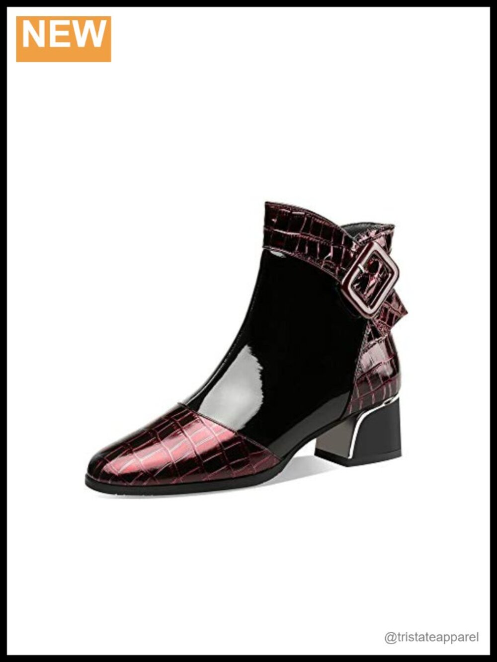 Patent Leather Ankle Booties Low Chunky Heel Round Toe Side Zip Buckle Handmade